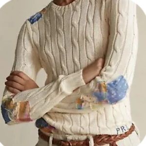 Polo Ralph Lauren Women’s Small Cream Patchwork Cable Knit Pima Cotton Sweater